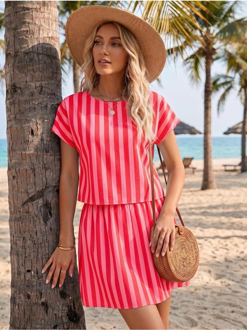 Women’s Pink and red stripes skort set
